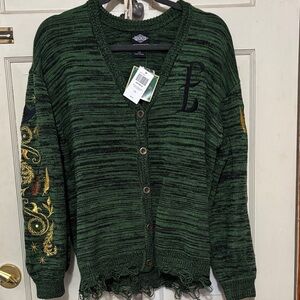 Hot Topic " WICKED" Dark Green Embroidered Button Cardigan